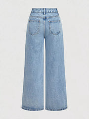 Embroidered Wide Leg Jeans in Blue, back view
