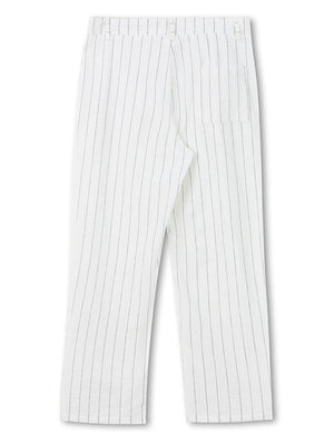 White pinstripe wide-leg sweatpants with a back pocket detail.