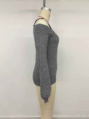 Off-shoulder Lace Trim Sweater in Dark Gray, fit detail