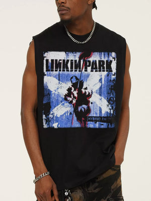 Black cotton crew neck tank top with distressed Linkin Park graphic and Hybrid Theory text.