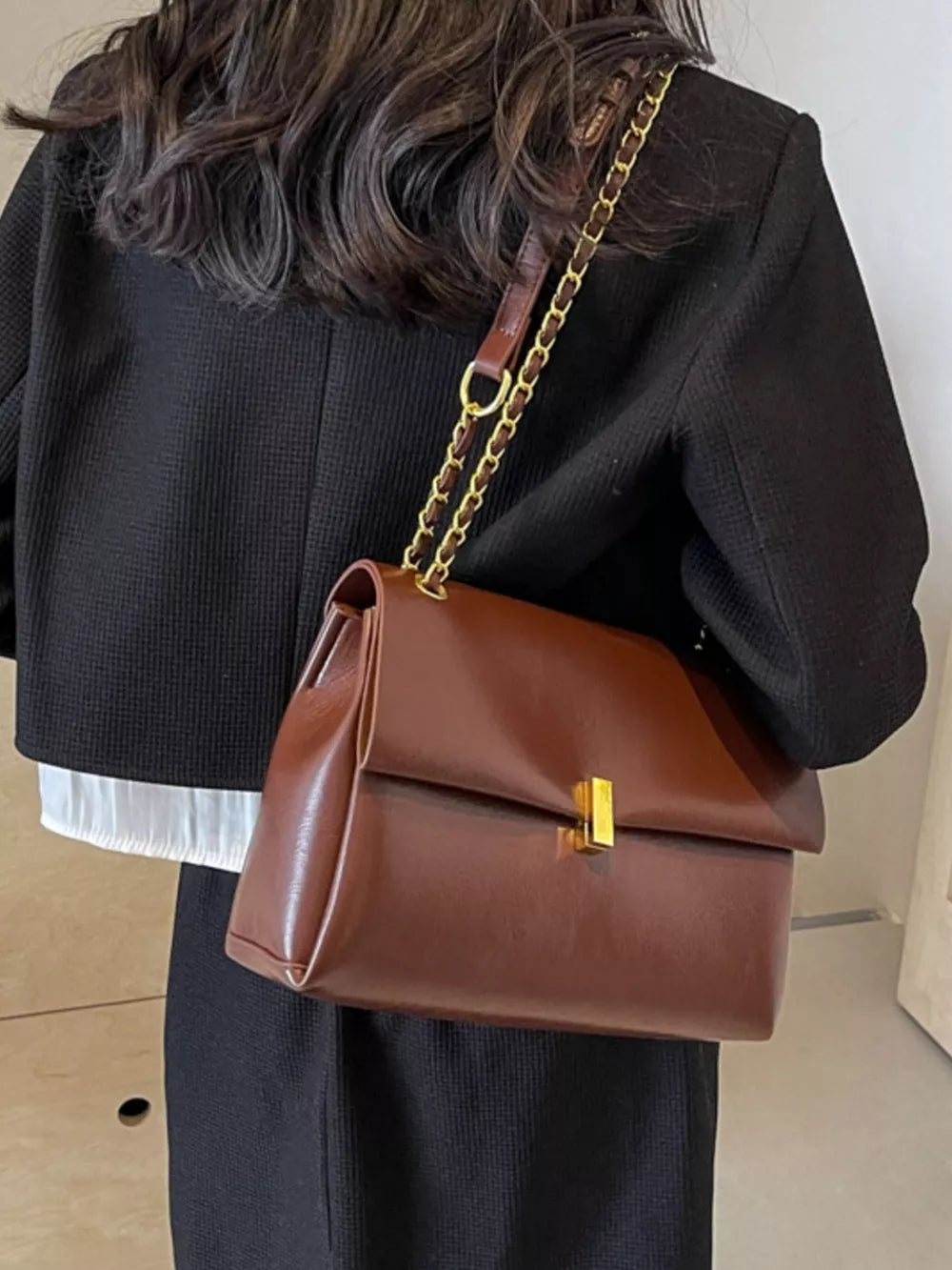 Chain Strap Shoulder Bag in Brown, model styling view