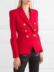 Red double-breasted blazer with gold buttons and a notched collar.