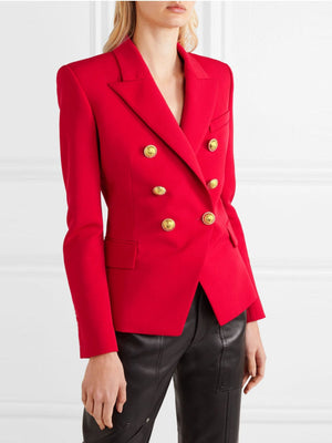Red double-breasted blazer with gold buttons and a notched collar.