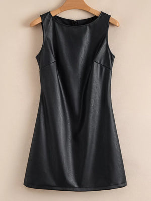 Black vegan leather sleeveless mini dress with a round neckline and zipper closure.