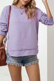 Purple sweatshirt with asymmetric hem and raw edges, crew neck, long sleeves