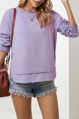 Purple sweatshirt with asymmetric hem and raw edges, crew neck, long sleeves