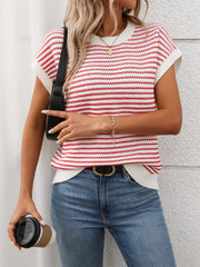 Horizontal stripe knit shell top with short sleeves and crew neck.