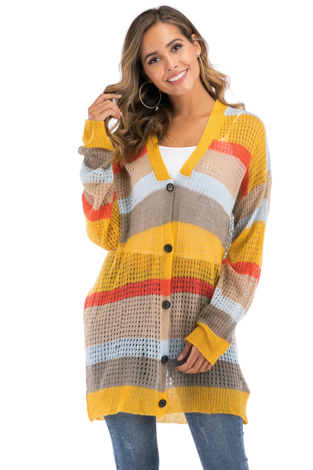 Striped open-knit longline cardigan in gold with a V-neck and button front.
