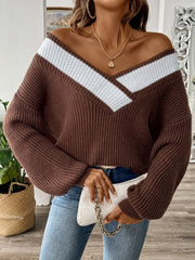 Chocolate off-shoulder knit sweater with contrast trim and V-neck.