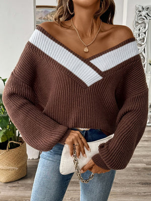 Chocolate off-shoulder knit sweater with contrast trim and V-neck.