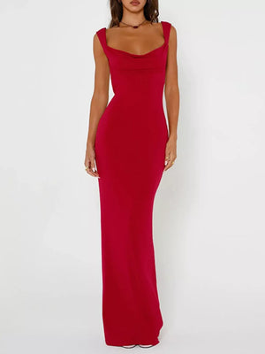 Red backless maxi dress with cowl neck and bow detail.
