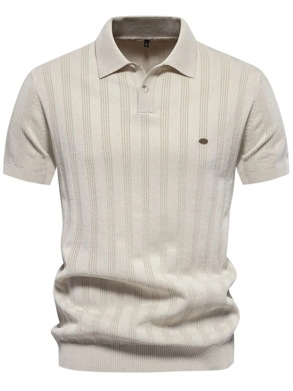 Beige textured ribbed knit polo shirt with vertical stripes and short sleeves.
