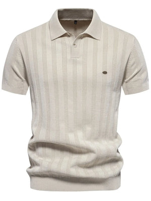 Beige textured ribbed knit polo shirt with vertical stripes and short sleeves.