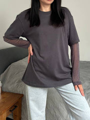 Dark gray oversized tee with sheer glitter long sleeves