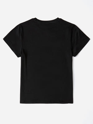 Black textured graphic t-shirt with short sleeves and crew neck.