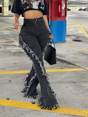 Black gray frayed hem high-waist flare jeans with deconstructed fringe detail.