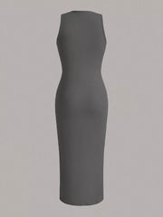 Sleeveless round neck midi dress in charcoal grey, fitted silhouette.