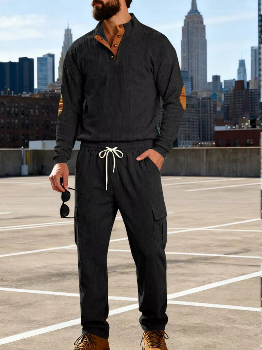 Men's Casual Button Detail Top And Pants Set in Gray, front view