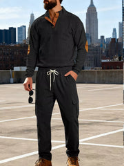 Men's Casual Button Detail Top And Pants Set in Gray, front view