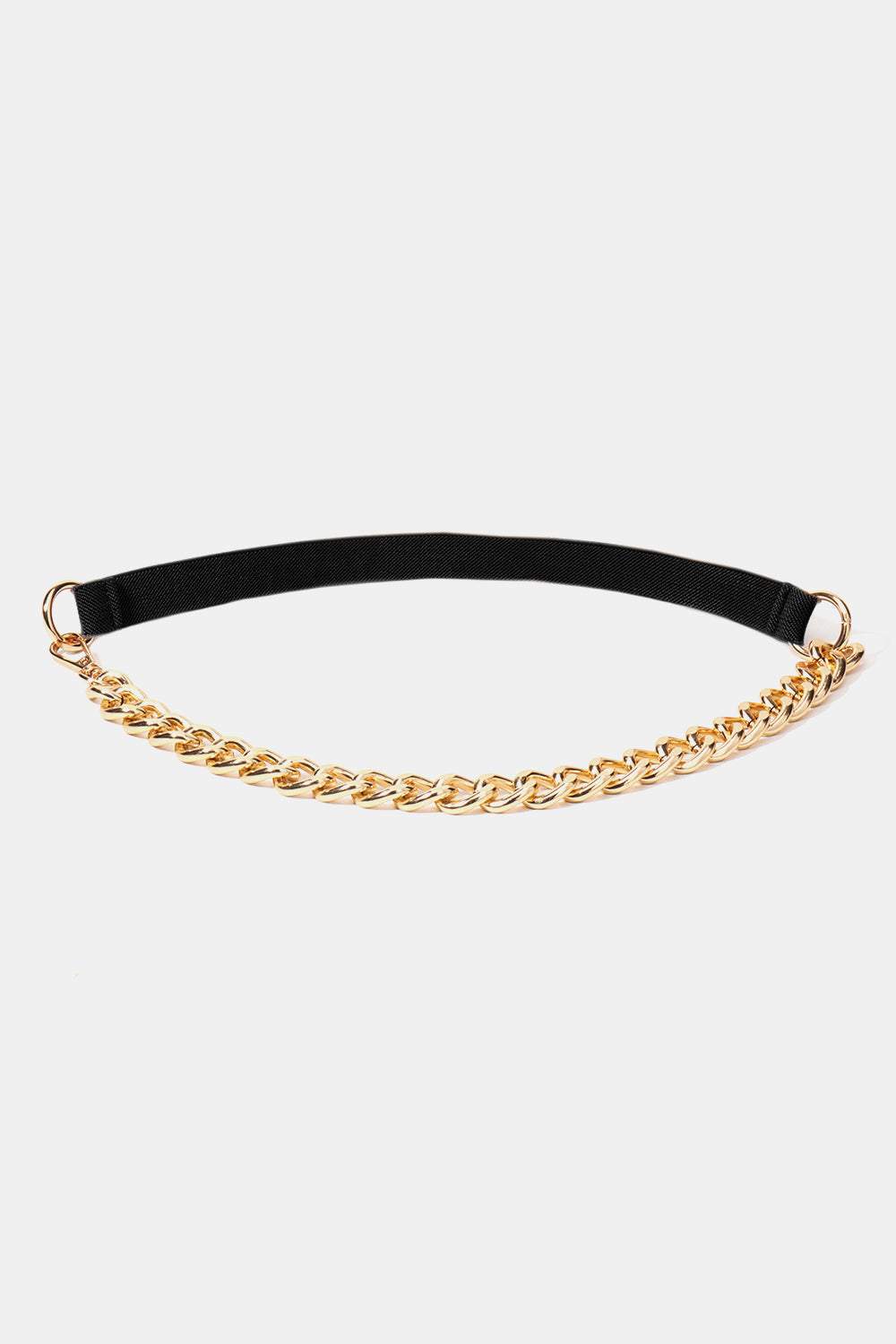 Black elastic belt with gold chain detail and gold rings