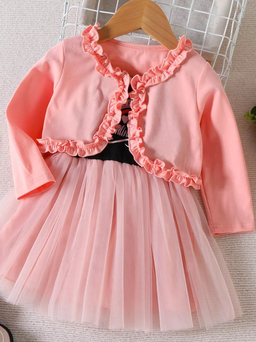 Children's Frill Cardigan And Tulle Dress Set in Pink, side view