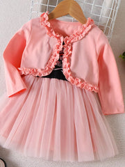 Children's Frill Cardigan And Tulle Dress Set in Pink, side view