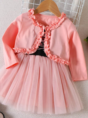 Children's Frill Cardigan And Tulle Dress Set in Pink, side view