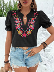 Black embroidered puff sleeve blouse with floral detail and v-neck