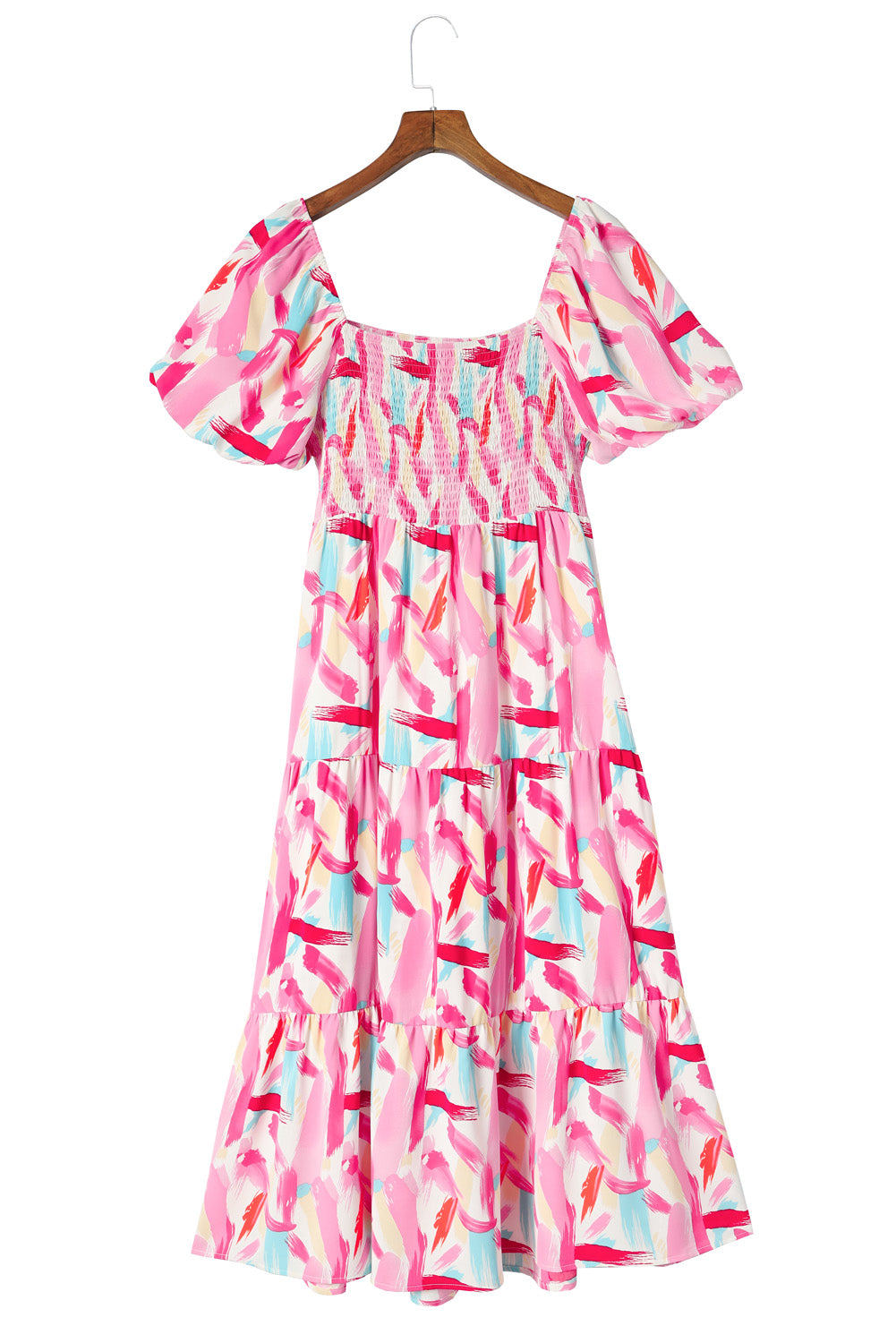 Blush pink midi dress with smocked bodice, puff sleeves, and tiered skirt in a brushstroke print.