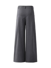 Men's dark gray wide-leg trousers with belt loops and button closure.