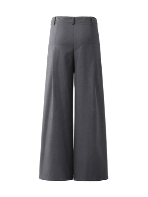 Men's dark gray wide-leg trousers with belt loops and button closure.