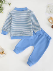 Children's blue and white striped polo shirt with matching waffle knit pants.
