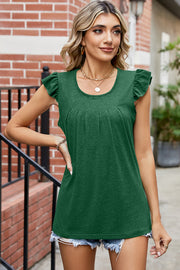 Dark green pleated front flutter sleeve top with a scoop neck.