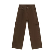 Oversized cargo denim trousers in coffee brown with multiple pockets.