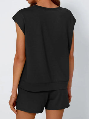 Black relaxed cap-sleeve loungewear set with drawstring shorts.