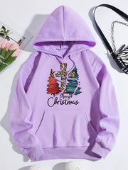 Lilac hoodie with leopard cross and Christmas trees graphic and Merry Christmas text.