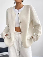 Ivory textured button-up fleece jacket with silver buttons and pocket details
