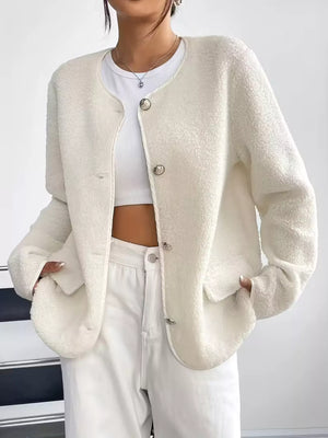 Ivory textured button-up fleece jacket with silver buttons and pocket details