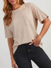 Tan linen boxy tee with patch pocket and crew neck