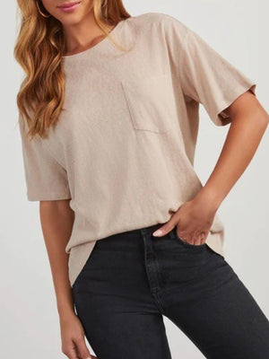 Tan linen boxy tee with patch pocket and crew neck