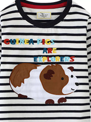 Black and white striped long-sleeve cotton tee with a guinea pig graphic and embroidered text.