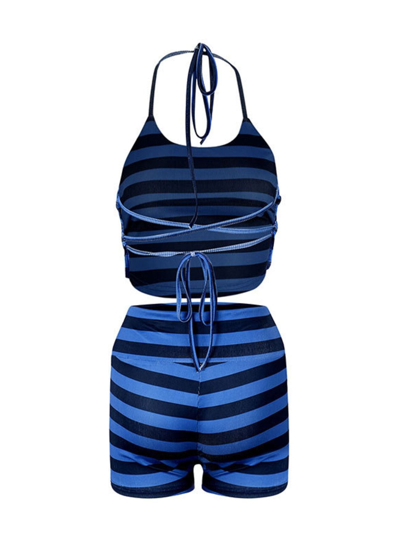 Blue striped halter neck crop top and high waist shorts set with tie details