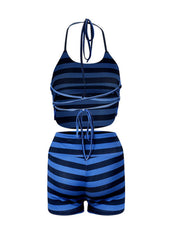 Blue striped halter neck crop top and high waist shorts set with tie details