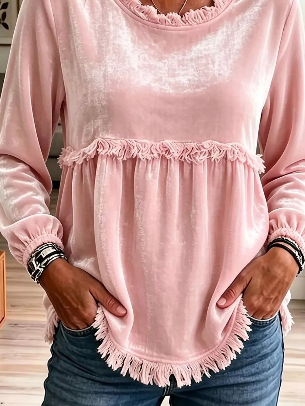 Velvet Fringe Long Sleeve Blouse in Black, close-up detail