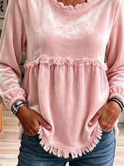 Velvet Fringe Long Sleeve Blouse in Black, close-up detail