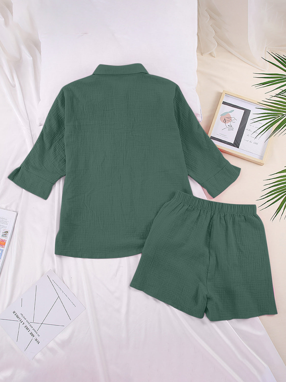 Dark Green Gauze Cotton Resort Shirt & Short Set with buttoned shirt and elastic waist shorts.