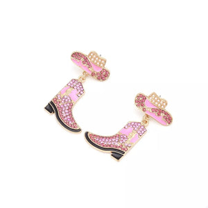 Pink cowboy boot and hat dangle earrings with rhinestone accents