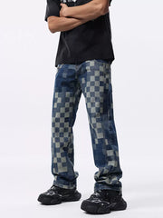 Checkerboard pattern relaxed fit jeans in blue denim with a contemporary checkerboard design.