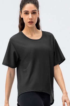 Black honeycomb mesh performance t-shirt with scoop neck and short sleeves.