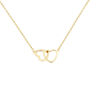 Gold interlocking heart pendant necklace with a delicate chain.